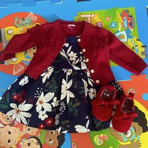 NB Carters dress, cardigan and shoes. Navy dress with flower prints.